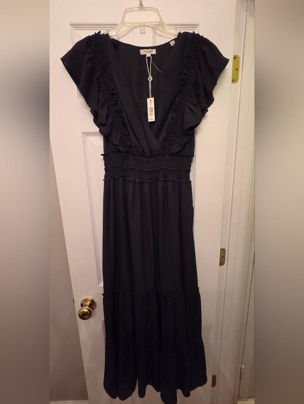 NWT Max Studio Black Ruffle-Trim V-Neck Maxi Dress with Smocked Waist
